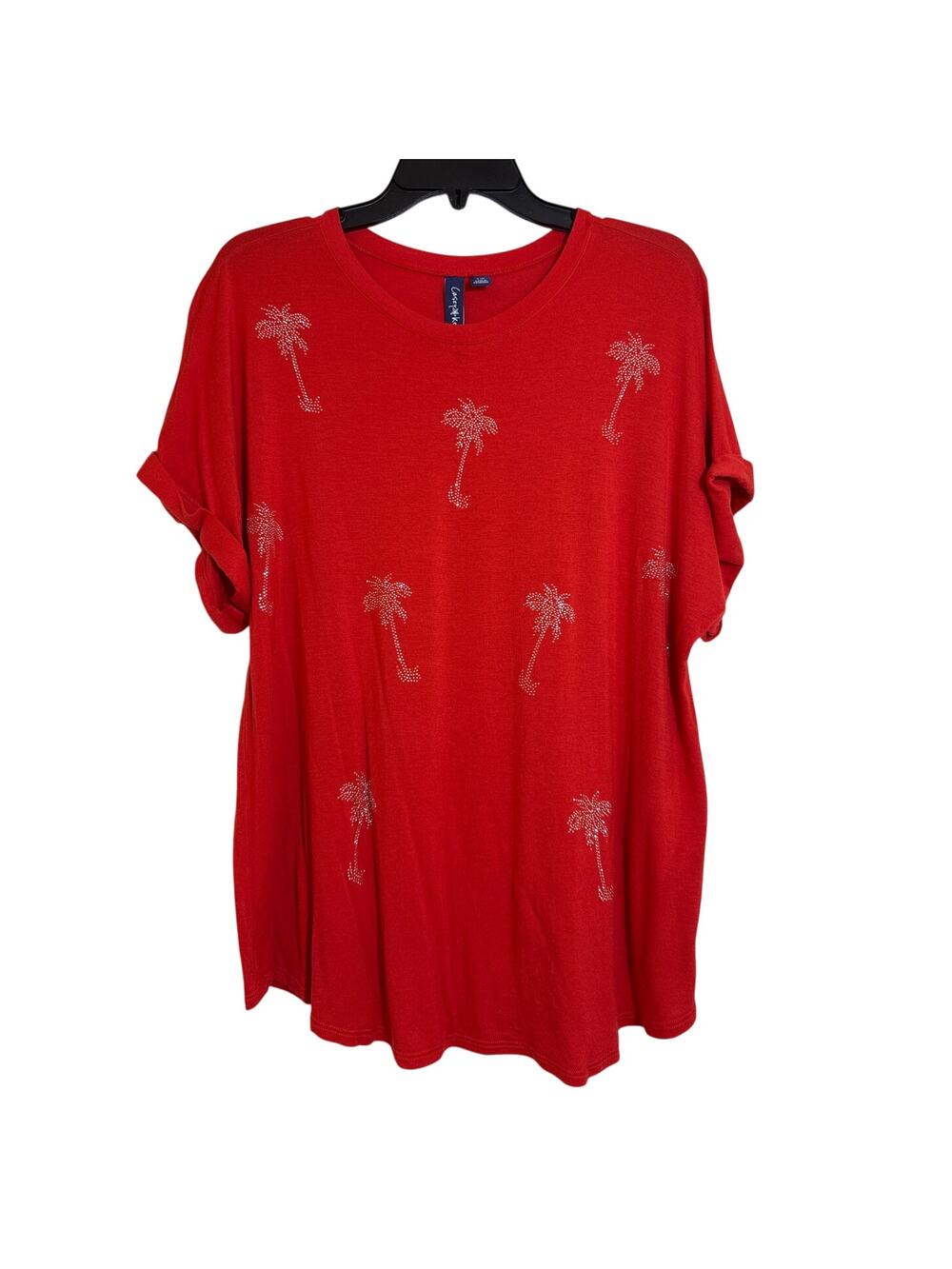 Casey Key 1X Reddish, Orange, Silver Palm Tree Scoop Neck Rolled Cap Sleeve